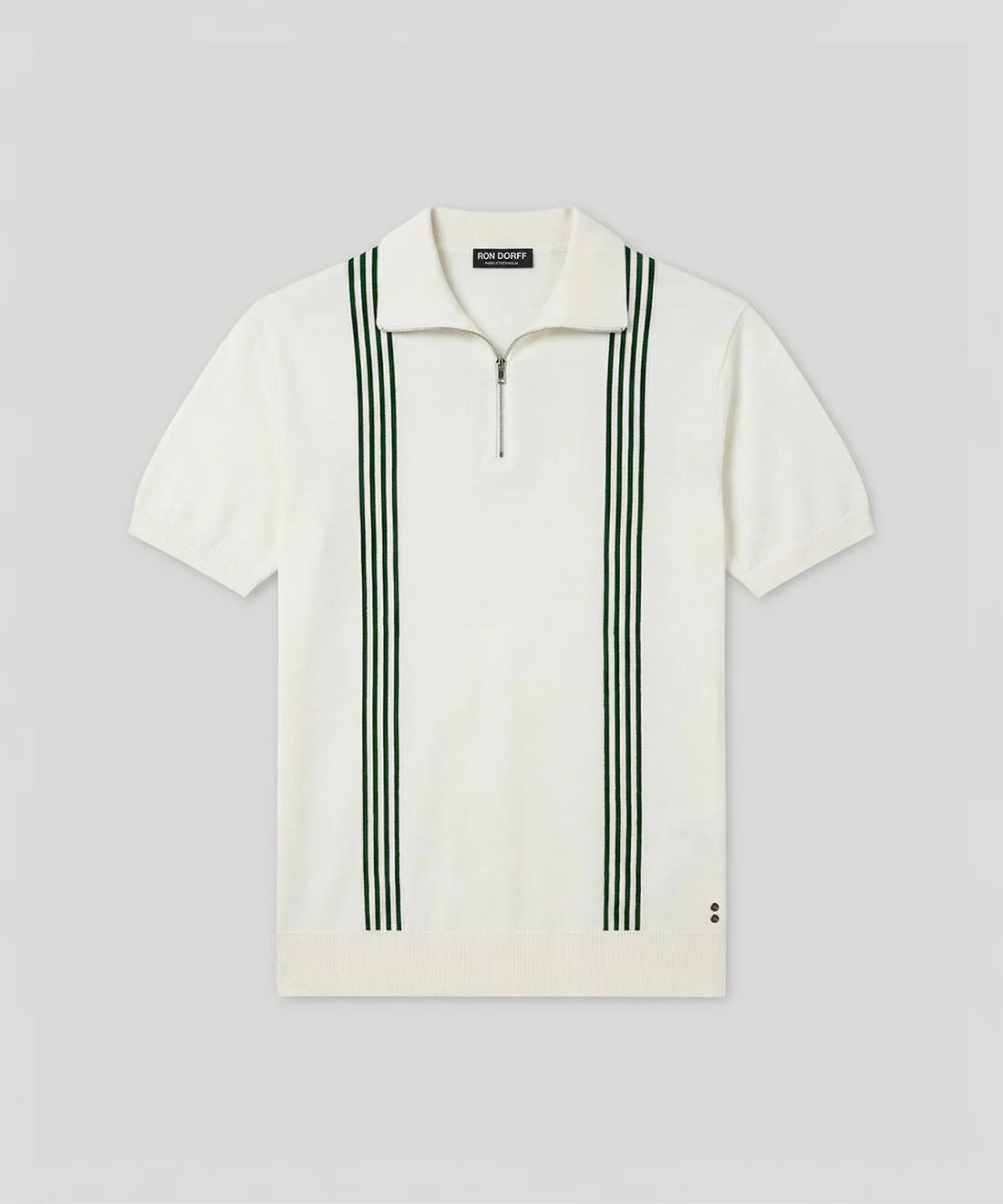 Cotton-Silk Zip Collar Polo w. Stripes: Off White - Image 3