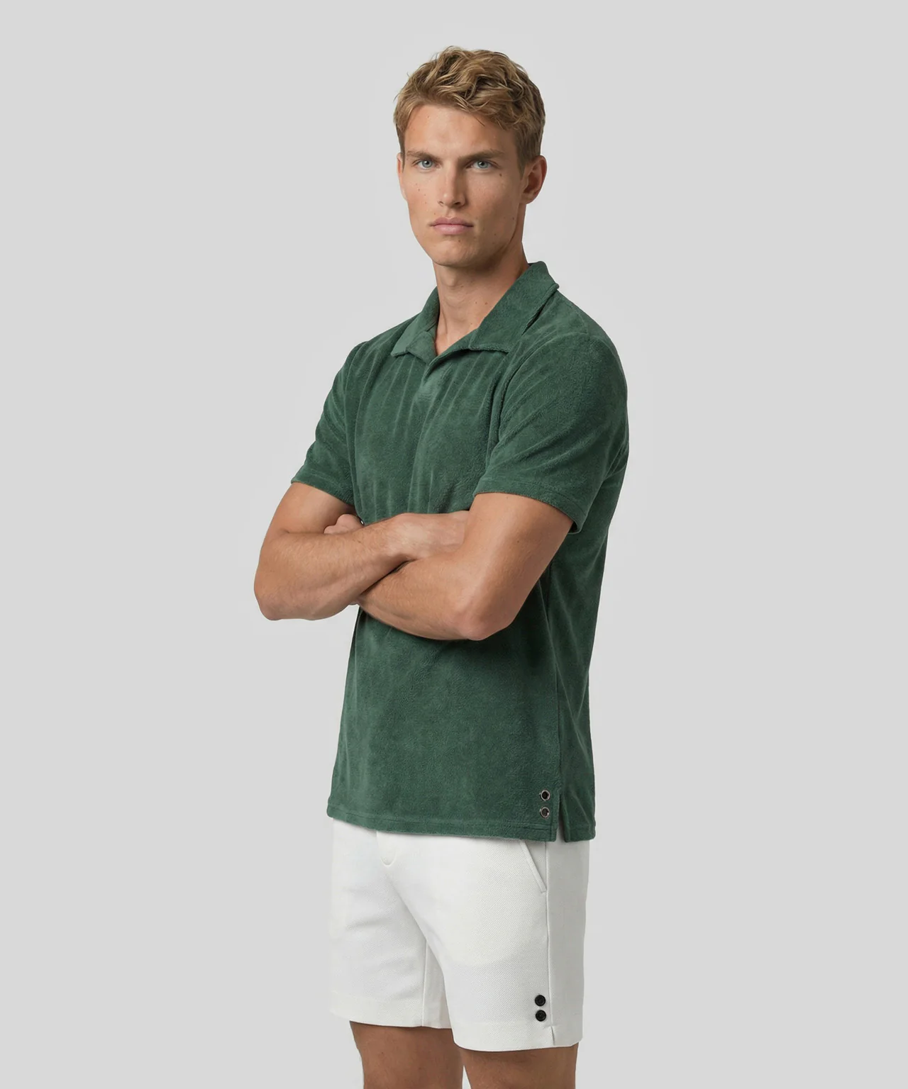 Cotton-Terry V Neck Polo: Court Green - Image 2